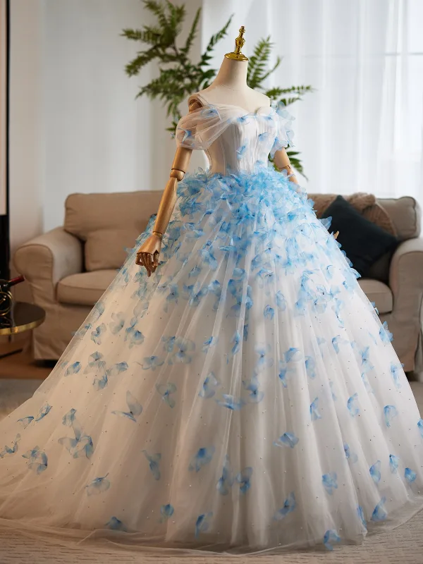 Flower Fairy White Appliques Wedding Dresses 2025 Ball Gown Off-The-Shoulder Short Sleeve Backless Floor-Length / Long