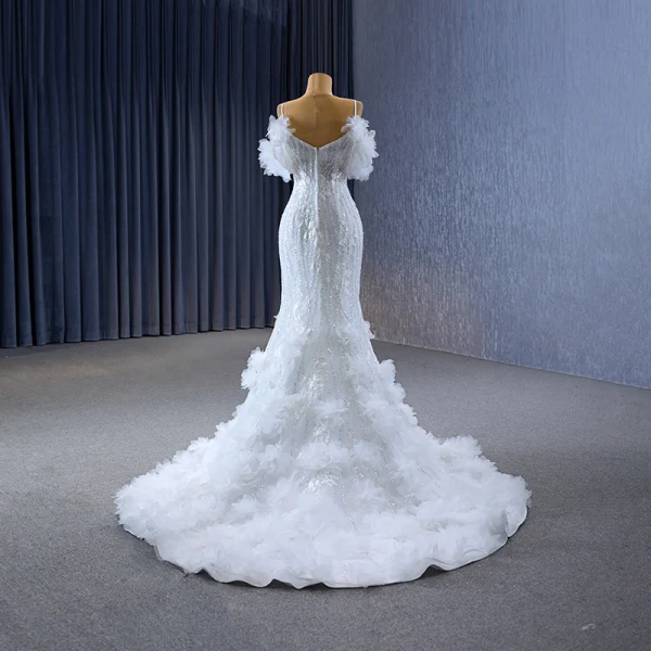 Haut de Gamme Sexy Blanche Volants en Cascade Paillettes En Dentelle Fleur Robe De Mariée 2023 Trompette / Sirène Bretelles Spaghetti Manches Courtes Dos Nu Mariage