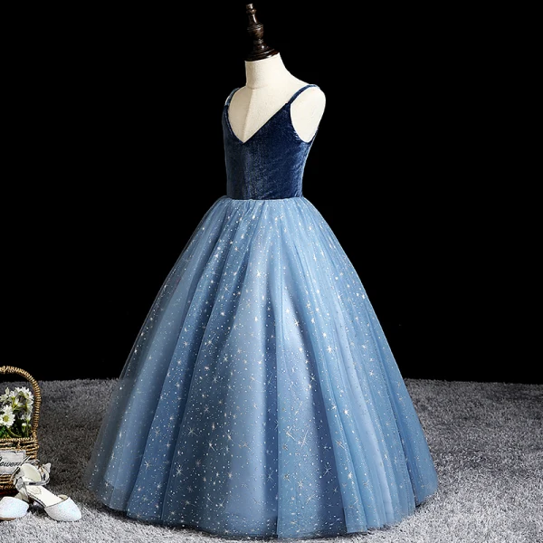 Charming Sky Blue Sequins Evening Party Flower Girl Dresses 2022 Ball Gown V-Neck Sleeveless Backless Floor-Length / Long Flower Girl Dresses