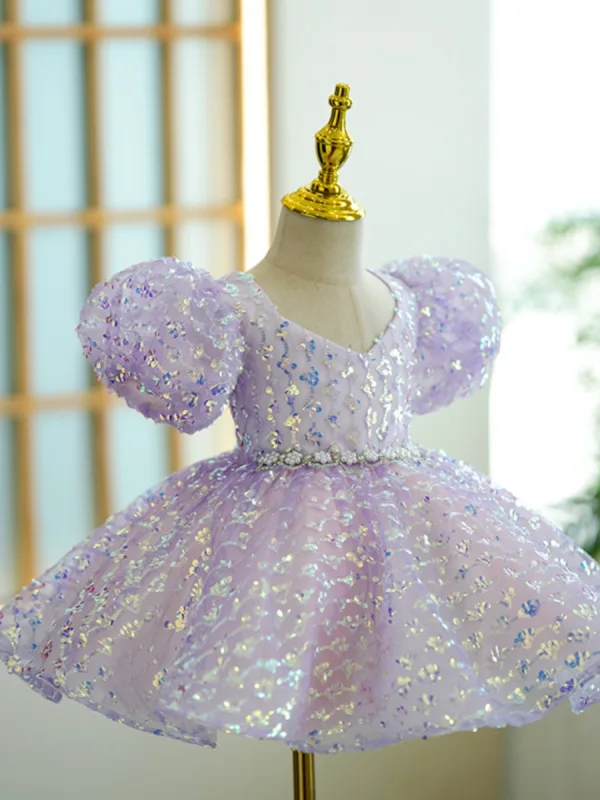 Bling Bling Lavender Sequins Short Birthday Flower Girl Dresses 2023 Ball Gown V-Neck Puffy Short Sleeve Backless