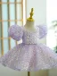 Bling Bling Lavender Sequins Short Birthday Flower Girl Dresses 2023 Ball Gown V-Neck Puffy Short Sleeve Backless
