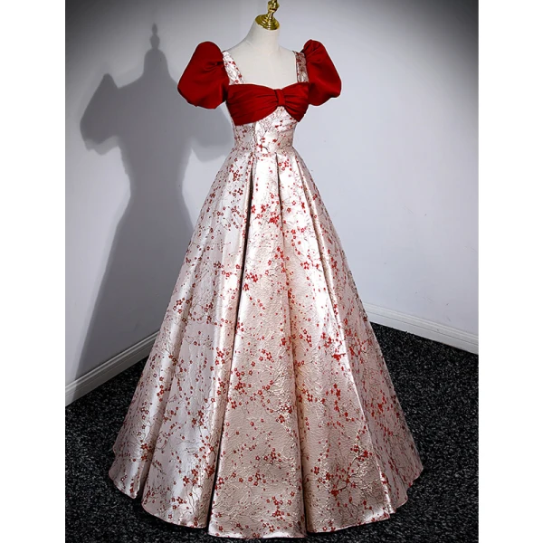Chic / Beautiful Burgundy Printing Prom Dresses 2023 A-Line / Princess Square Neckline Bow Puffy Short Sleeve Backless Floor-Length / Long Prom Formal Dresses