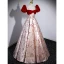 Chic / Beautiful Burgundy Printing Prom Dresses 2023 A-Line / Princess Square Neckline Bow Puffy Short Sleeve Backless Floor-Length / Long Prom Formal Dresses