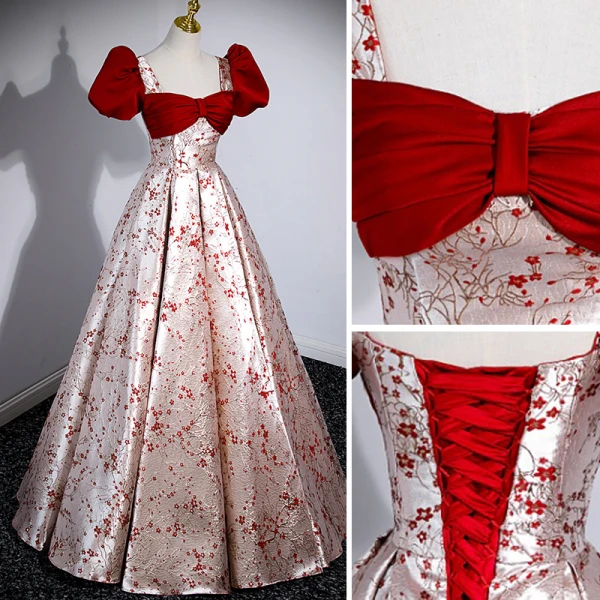 Chic / Beautiful Burgundy Printing Prom Dresses 2023 A-Line / Princess Square Neckline Bow Puffy Short Sleeve Backless Floor-Length / Long Prom Formal Dresses