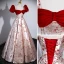 Chic / Beautiful Burgundy Printing Prom Dresses 2023 A-Line / Princess Square Neckline Bow Puffy Short Sleeve Backless Floor-Length / Long Prom Formal Dresses