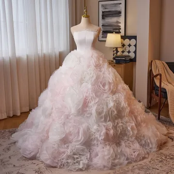 Fée Des Fleurs Blanche Rose Robe De Mariée De Bal 2025 Volants En Cascade Robe Boule Bustier Sans Manches Dos Nu Train De Balayage