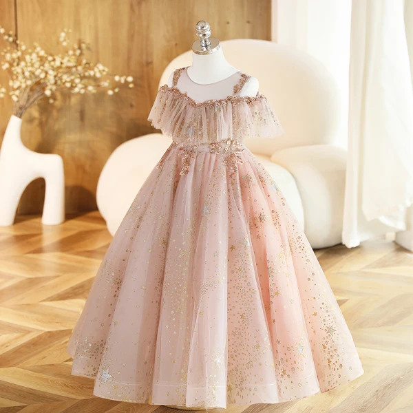 Bling Bling Blushing Pink Beading Star Sequins Birthday Flower Girl Dresses 2023 Ball Gown Scoop Neck Short Sleeve Backless Floor-Length / Long Flower Girl Dresses