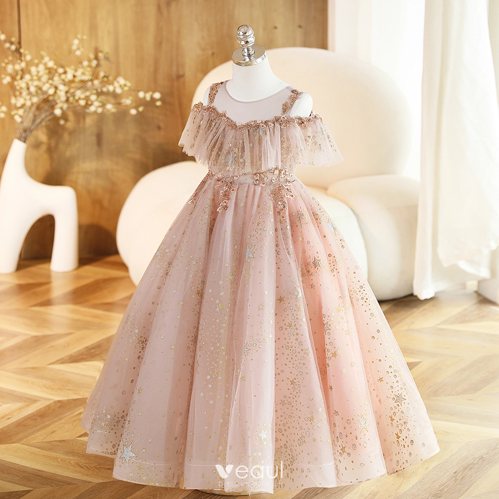 Bling Bling Blushing Pink Beading Star Sequins Birthday Flower Girl Dresses 2023 Ball Gown Scoop Neck Short Sleeve Backless Floor Length Long Flower Girl Dresses