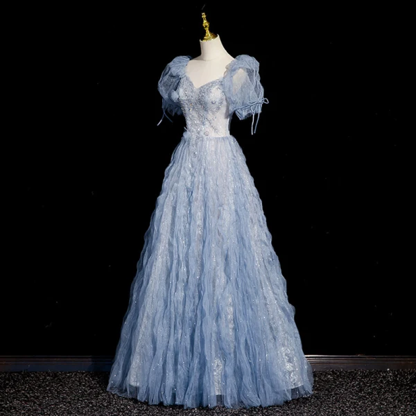 Bling Bling Sky Blue Ruffle Beading Prom Dresses 2023 A-Line / Princess Square Neckline Short Sleeve Backless Floor-Length / Long Prom Formal Dresses