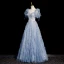 Bling Bling Sky Blue Ruffle Beading Prom Dresses 2023 A-Line / Princess Square Neckline Short Sleeve Backless Floor-Length / Long Prom Formal Dresses