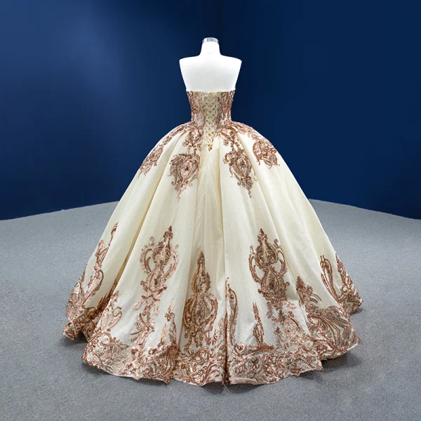 High End Glitzernden Champagner Pailletten Brautkleider / Hochzeitskleider 2022 Ballkleid Bandeau Kurze Ärmel Rückenfreies Lange Hochzeit