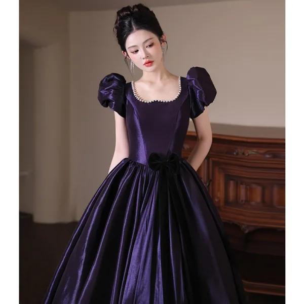 Vintage / Retro Purple Prom Dresses 2025 Ball Gown Square Neckline Puffy Short Sleeve Backless Floor-Length / Long Prom Formal Dresses