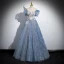 Chic / Beautiful Sky Blue Glitter Appliques Prom Dresses 2024 A-Line / Princess Square Neckline Puffy Short Sleeve Backless Floor-Length / Long Formal Dresses