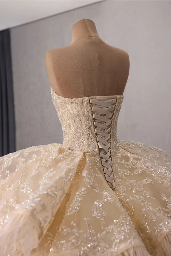 Luxury / Gorgeous Bling Bling Champagne Beading Sequins Lace Flower Cascading Ruffles Wedding Dresses 2026 Ball Gown Strapless Sleeveless Backless Chapel Train
