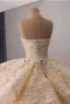 Luxury / Gorgeous Bling Bling Champagne Beading Sequins Lace Flower Cascading Ruffles Wedding Dresses 2026 Ball Gown Strapless Sleeveless Backless Chapel Train