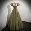 Chic / Beautiful Clover Green Pearl Sequins Prom Dresses 2023 A-Line / Princess Strapless Short Sleeve Backless Bow Floor-Length / Long Prom Formal Dresses