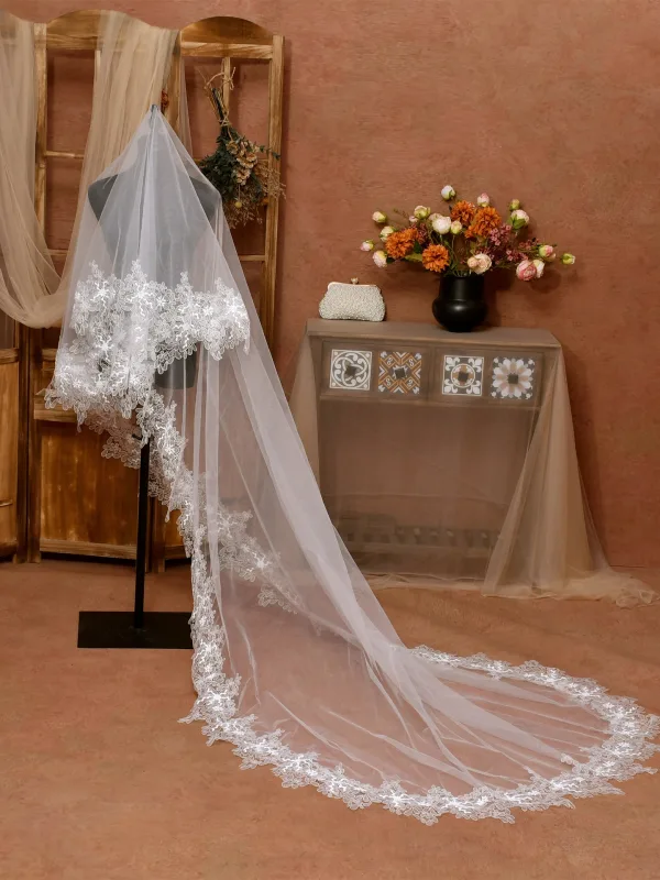 Élégant Blanche Fait main En Dentelle Fleur 3 m Train De Balayage Voile De Mariée 2025 Tulle