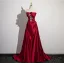 Chinese style Burgundy Lace Flower Appliques Prom Dresses 2024 A-Line / Princess Strapless Sleeveless Backless Sweep Train Satin Prom Formal Dresses
