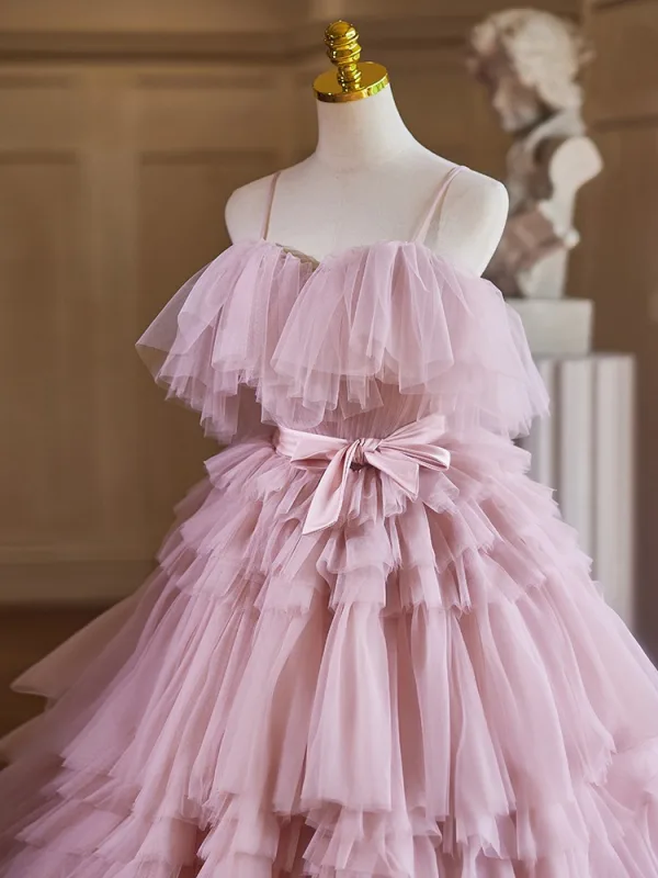 Charmant Rougissant Rose Volants en Cascade Robe De Bal 2024 Robe Boule Bretelles Spaghetti Sans Manches Dos Nu Noeud Ceinture Train De Balayage Promo Robe De Ceremonie