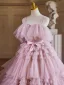 Charmant Rougissant Rose Volants en Cascade Robe De Bal 2024 Robe Boule Bretelles Spaghetti Sans Manches Dos Nu Noeud Ceinture Train De Balayage Promo Robe De Ceremonie