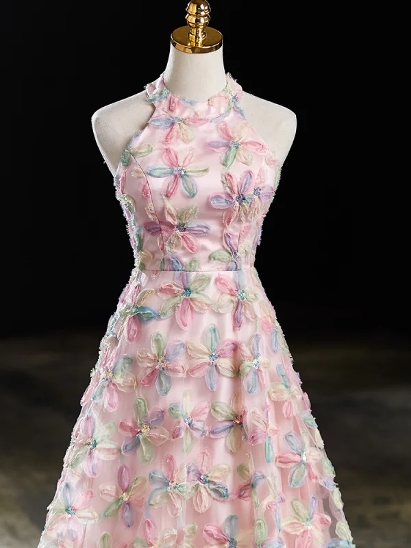 Flower Fairy Multi-Colors Flower Prom Dresses 2024 A-Line / Princess High Neck Sleeveless Backless Floor-Length / Long Prom Formal Dresses