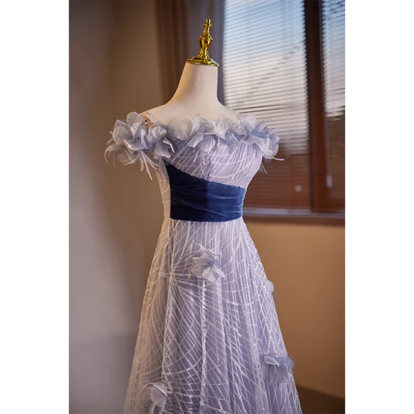 Elegant Lavender Appliques Sequins Prom Dresses 2023 A-Line / Princess Off-The-Shoulder Sleeveless Backless Floor-Length / Long Prom Formal Dresses
