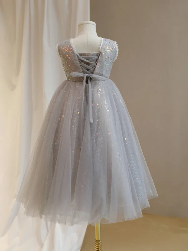 Bling Bling Grey Beading Pearl Sequins Birthday Flower Girl Dresses 2024 A-Line / Princess Scoop Neck Sleeveless Backless Bow Floor-Length / Long Tulle