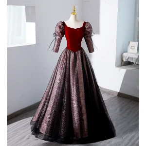 Élégant Bordeaux Paillettes Robe De Bal 2023 Princesse Encolure Carrée 1 2 Manches Noeud Dos Nu Longue Promo Robe De Ceremonie