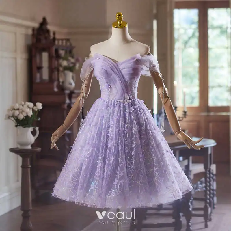 Fashion Lavender Sequins Butterfly Appliques Homecoming Graduation Dresses 2024 A-Line / Princess Off-The-Shoulder Sleeveless Backless Knee-Length Fashion Lavender Sequins Butterfly Appliques Homecoming Graduation Dresses 2024 A-Line / Princess Off-The-Shoulder Sleeveless Backless Knee-Length