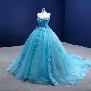 Mode Blauw Parel Rhinestone Appliques Galajurken 2022 Baljurk Strapless Mouwloos Lange Gelegenheid Jurken