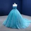 Fashion Pool Blue Pearl Rhinestone Appliques Prom Dresses 2022 Ball Gown Strapless Sleeveless Floor-Length / Long Formal Dresses
