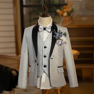 Mode 6 Delat Långärmad Silver Kostym Barn Bröllop 2025 Organ Smycken Coat Byxor Skjorta Slips Väst Bröllop
