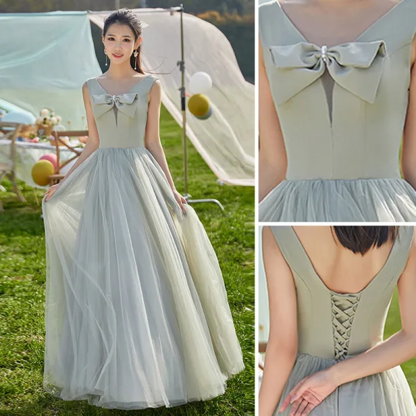 Modest / Simple Mint Green Bow Bridesmaid Dresses 2022 A-Line / Princess Short Sleeve Backless Floor-Length / Long Wedding Party Dresses