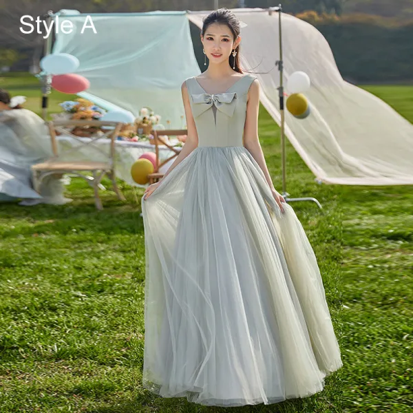 Modest / Simple Mint Green Bow Bridesmaid Dresses 2022 A-Line / Princess Short Sleeve Backless Floor-Length / Long Wedding Party Dresses