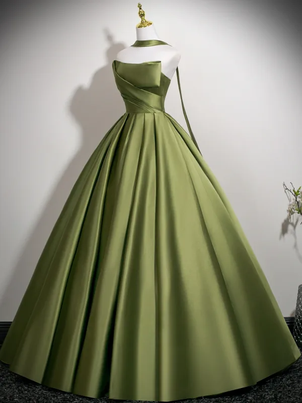 Fashion Sage Green Satin Prom Dresses 2025 Ball Gown Strapless Sleeveless Backless Floor-Length / Long Formal Dresses