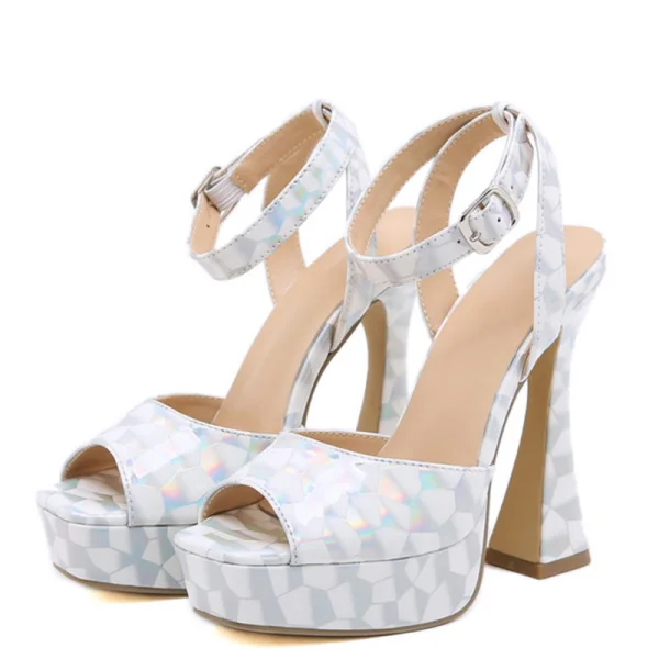 Charmant Gold Cocktail Abend Laser Sandalen Damen 2023 Knöchelriemen 14 cm Thick Heels Peeptoes Sandaletten Hochhackige