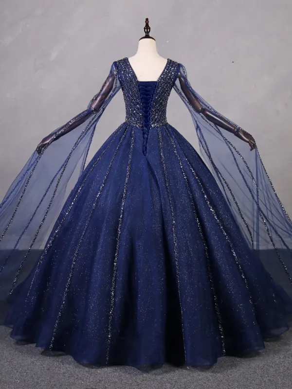 Vintage / Retro Navy Blue Beading Sequins Prom Dresses 2023 Ball Gown V-Neck Sleeveless Backless Floor-Length / Long Formal Dresses