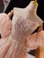 Charming Candy Pink Beading Pearl Sequins Appliques Prom Dresses 2025 A-Line / Princess Strapless Puffy Short Sleeve Backless Floor-Length / Long Formal Dresses