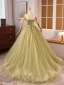 Modest / Simple Sage Green Appliques Prom Dresses 2024 Ball Gown Off-The-Shoulder Short Sleeve Backless Sweep Train Prom Formal Dresses