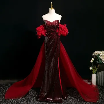 Sexy Bling Bling Burgundy Sequins Evening Dresses 2025 Trumpet Mermaid Strapless Sleeveless Backless Floor Length Long Evening Party Formal Dresses