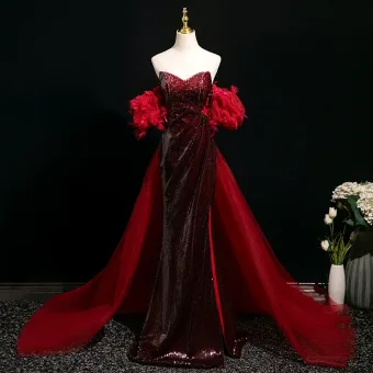 Sexy Bling Bling Burgundy Sequins Evening Dresses 2025 Trumpet Mermaid Strapless Sleeveless Backless Floor Length Long Evening Party Formal Dresses