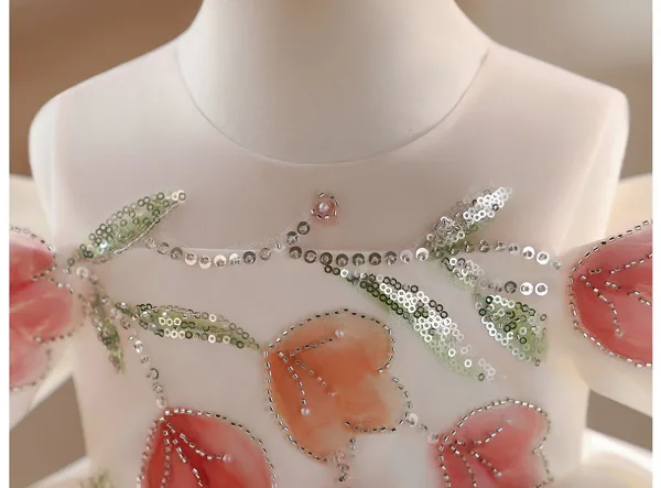 Flower Fairy White Beading Pearl Appliques Sequins Short Bow Birthday Flower Girl Dresses 2026 Ball Gown Off-The-Shoulder Short Sleeve