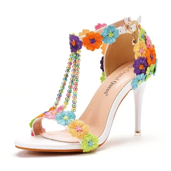 Chic Belle Fée Des Fleurs Multi Couleurs Chaussure De Mariée 2022 En Dentelle Fleur Perle T Strap 9 Cm Talons Aiguilles Peep Toes Bout Ouvert Mariage Sandales Talons Hauts