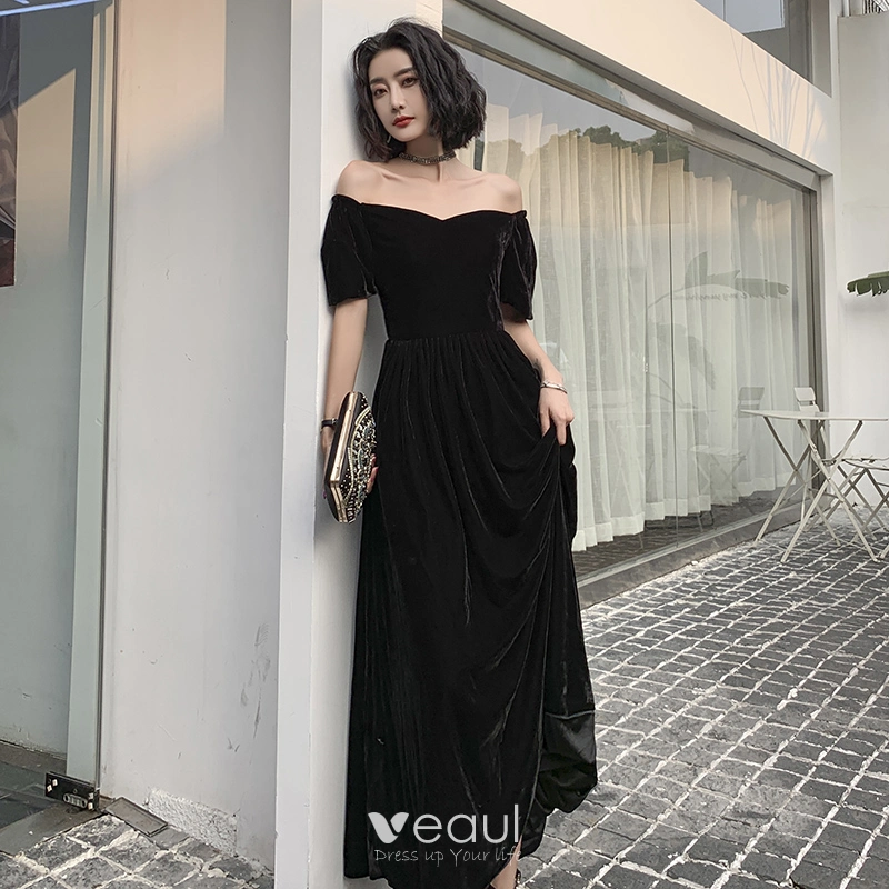 Chic / Beautiful Black Suede Prom Dresses 2022 A-Line / Princess  Off-The-Shoulder Short Sleeve Backless Floor-Length / Long Prom Formal  Dresses