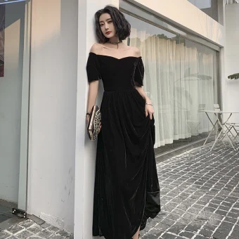 Chic Belle Noire Daim Robe De Bal 2022 Princesse De L Épaule Manches Courtes Dos Nu Longue Promo Robe De Cérémonie