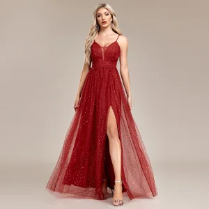 Chic Beautiful Red Sequins Split Front Prom Dresses 2024 A Line Princess Spaghetti Straps Sleeveless Backless Floor Length Long Prom Formal Dresses