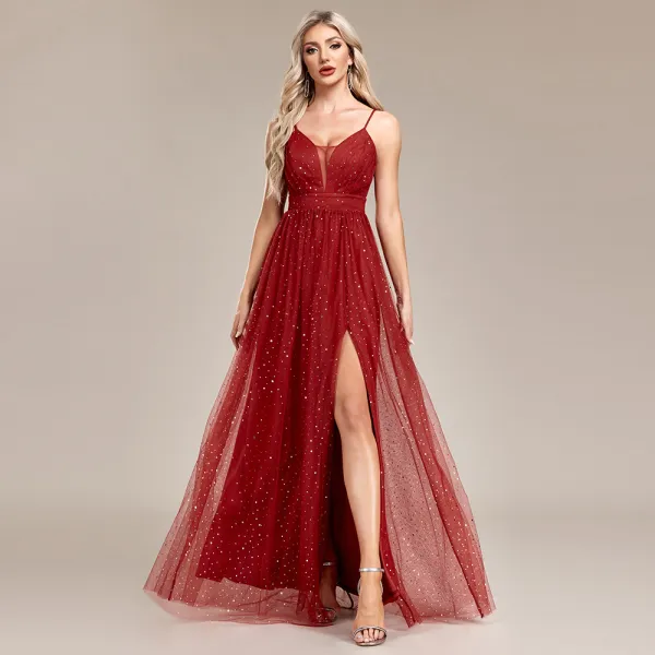 Chic / Beautiful Red Sequins Split Front Prom Dresses 2024 A-Line / Princess Spaghetti Straps Sleeveless Backless Floor-Length / Long Prom Formal Dresses