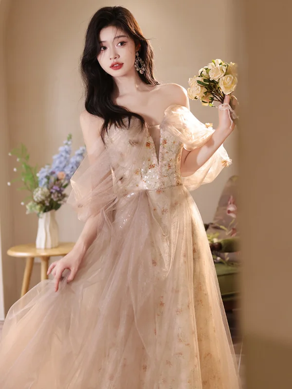 Charming Champagne Sequins Printing Prom Dresses 2024 A-Line / Princess Off-The-Shoulder Sleeveless Backless Floor-Length / Long Prom Formal Dresses