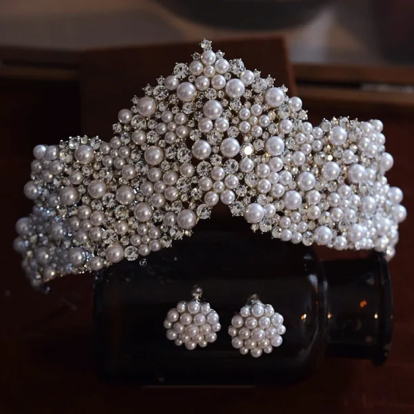 Vintage / Retro White Pearl Rhinestone Earrings Crown Wedding Bridal Hair Accessories 2025 Alloy