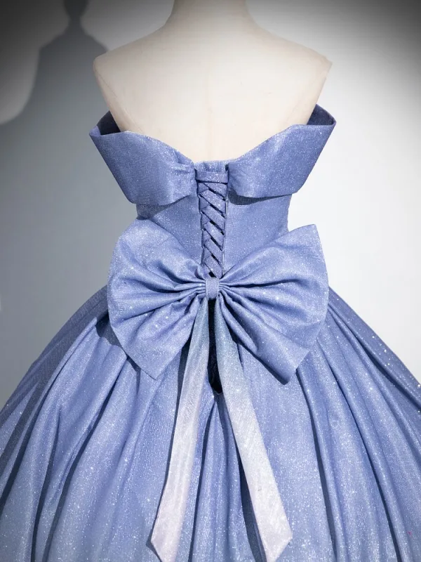 Chic / Beautiful Glitter Sky Blue Prom Dresses 2024 Ball Gown Strapless Sleeveless Backless Bow Floor-Length / Long Prom Formal Dresses